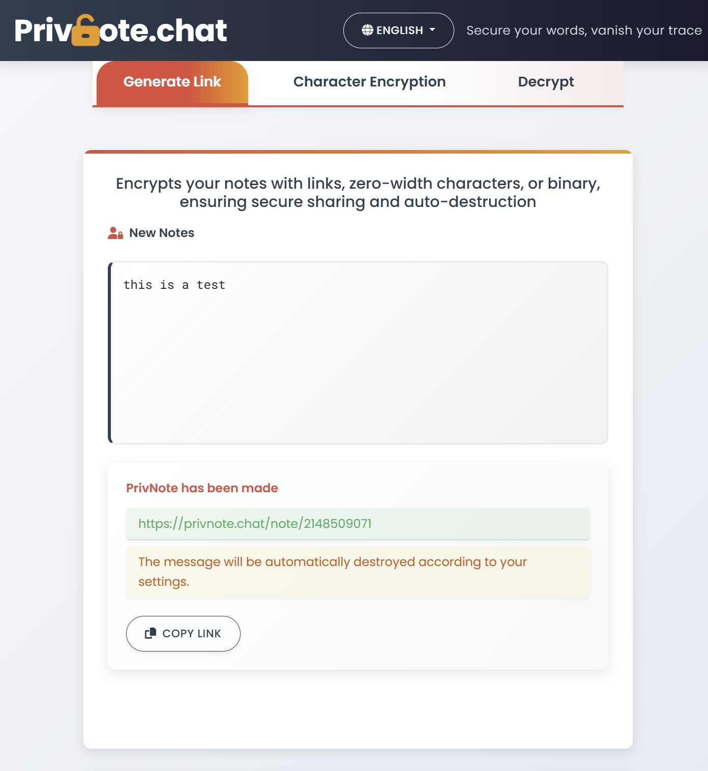 Self-destructing note with generated link